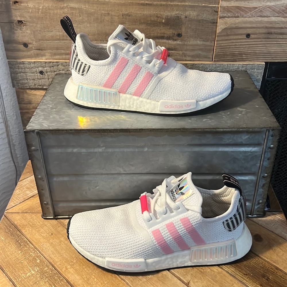 Adidas NMD R1, Womens size 8.5, pink/red/stripe/I Dance